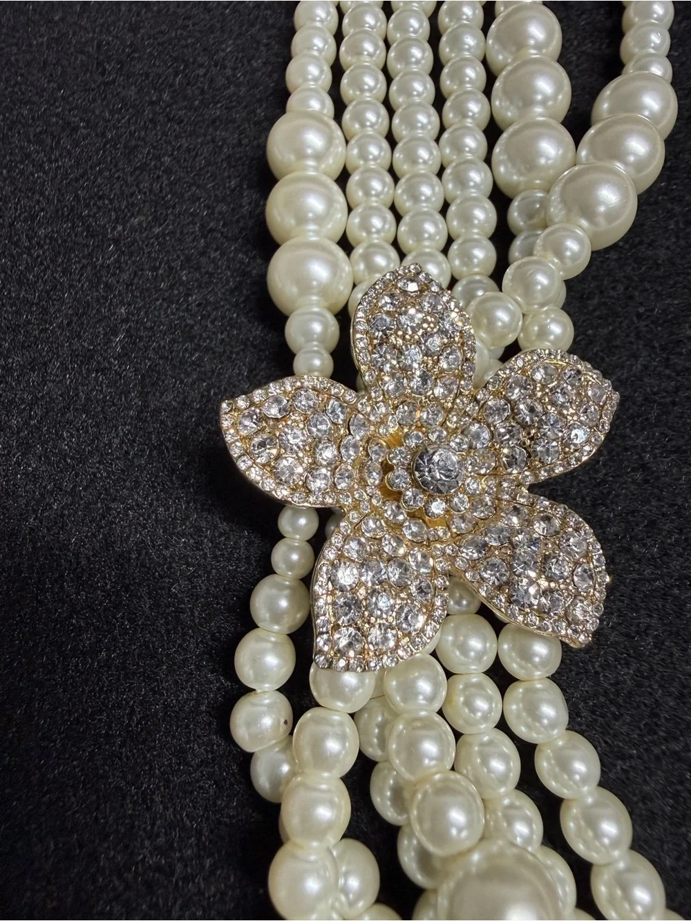 Vintage Italian Faux Pearl Multi Strand Statement Necklace Rhinestone Flower